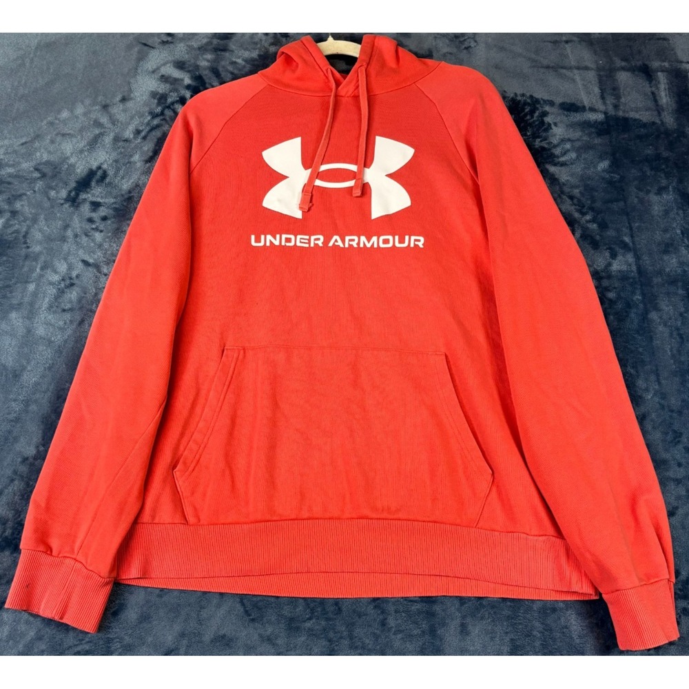 Under Armour Womens Hoodie Red Graphic Big Logo Kangaroo Pocket Outdoor L